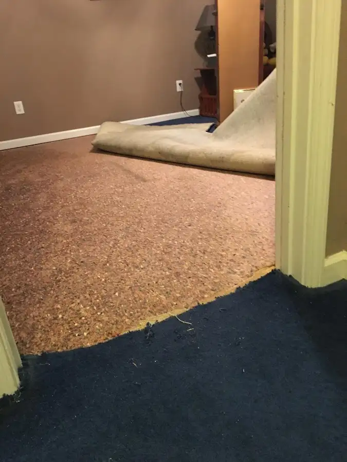 Carpet pad removal revealing water damage during Water Mitigation Services in National City